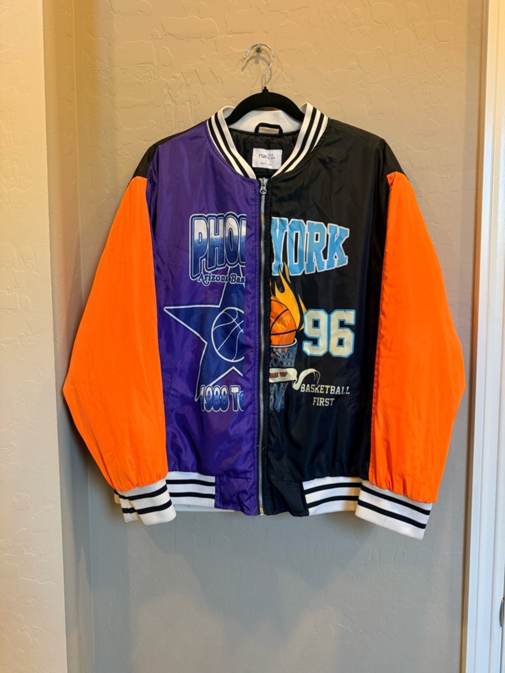 Vintage Colorblock Basketball Bomber Jacket - Purple, Black & Orange